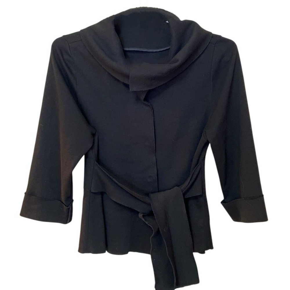 Luii Belted Snap Front Black Blazer‎ Jacket With Asymmetric Neck